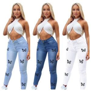 2022 Fall New Women’s High Waist Butterfly Print Jeans Fashion Stretch Slim Denim Pencil Pants Street Hipster Trousers S-3XL