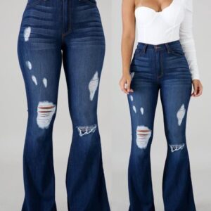 Casual Denim Plain High Waist Cutout Raw Hem Button Long Flared Jeans Women 2022 New Fashion Female Clothing All-Match