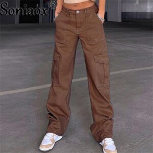 Fashion Street Overalls Women Semi-elastic Denim Pants Multi-pocket Button Jeans Casual Versatile Basic Straight Trousers Female