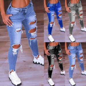 Light Blue Ripped Jeans For Women 2023 Street Style Sexy Low Rise Distressed Trouser Stretch Skinny Hole Denim Pencil Pants