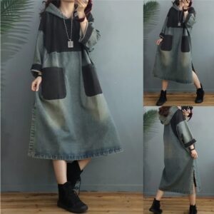 Long Sleeve Denim Dress Women Loose Femme Hooded Pullover 2023 Spring Jeans Dresses Big Pocket Long Vintage Splicing Shirt