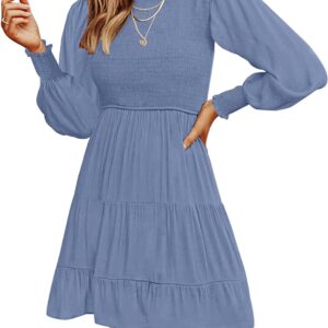 MEROKEETY Women’s 2023 Casual Long Sleeve Smocked Crew Neck Elastic Waist Flowy Tiered Mini Dress