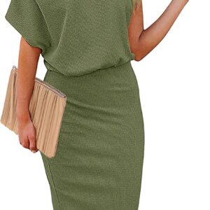 MEROKEETY Women’s Off The Shoulder Short Sleeve Midi Dress Summer Ribbed Bodycon Dress for Party