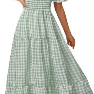 MEROKEETY Women’s Plaid Square Neck Ruffle Puff Sleeve Midi Dress Summer Boho Backless Smocked Dress