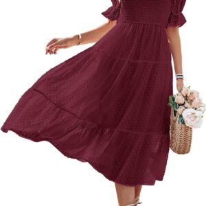 MEROKEETY Women’s Summer Square Neck Puff Sleeve Boho Midi Dress Swiss Dot Ruffle Flowy Tie Back Dress