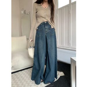 New Autumn Design Is Loose Hong Kong Style Vintage High-waisted Jeans Women Show Thin Drape Wide Leg Mopping Trousers Trend