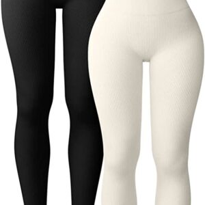 OQQ Women’s 2 Piece Yoga Leggings Ribbed Seamless Workout High Waist Athletic Pants