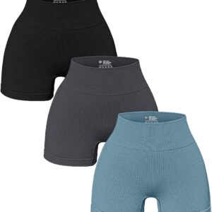 OQQ Women’s 3 Piece Yoga Shorts Ribbed Seamless Workout High Waist Athletic Leggings