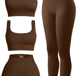 OQQ Women’s 4 Piece Outfits Ribbed Exercise Scoop Neck Sports Bra One Shoulder Tops High Waist Shorts Leggings Active Set