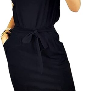 PRETTYGARDEN Women’s Summer Short Sleeve Crewneck Striped Dress Basic Solid Tie Waist Office T Shirt Dresses Pockets