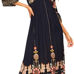 Romwe Women’s Floral Print Deep V Neck 3/4 Sleeve A-Line Bohemian Tribal Boho Midi Dress