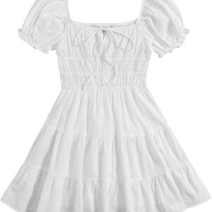 SheIn Women’s Short Puff Sleeve Ruched Mini A Line Dress Ruffle Tie Front Square Neck Short Dresses