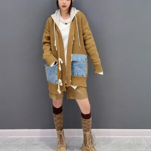 SuperAen 2022 Winter New Korean Fashion Jeans Splice Knitted Cardigan Sweater Women