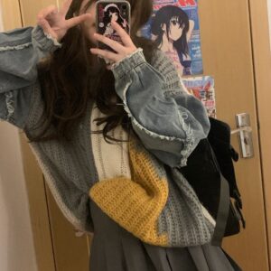 Vintage Jeans Patchwork Sweater Women Harajuku Jumper Grunge Loose Wool Pullover Long Sleeve Tops Japanese Kawaii Sueter Mujer