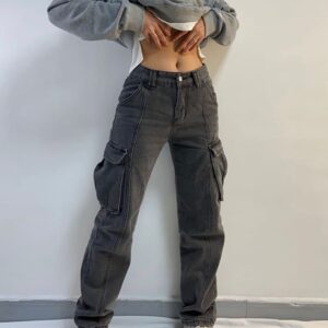 WeiYao Women Cargo Trousers Straight Cargo Jeans Pants High Waist Vintage Pantalon Streetwear Femme Mujer Multi Pocket 2022