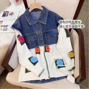 Women’s Casual Jacquard Denim Jacket Designer Style High Street Patchwork Jeans Coats New Female Outwear Autumn And Winter 2022
