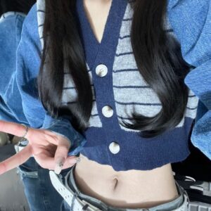 Y2k Aesthetic Jean Patchwork Contrast Harajuku Cardigan Femme V Neck Knitted Cardigan Long Sleeve Harajuku Striped Women Sweater