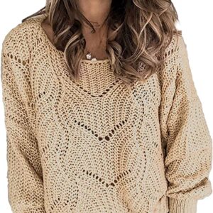 Dokotoo Womens 2022 Cute Elegant Soft Crewneck Long Sleeve Hollow Cable Knit Pullover Sweaters