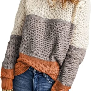 Dokotoo Womens Color Block Sweaters Long Sleeve Crewneck Pullover Knit Jumper Tops